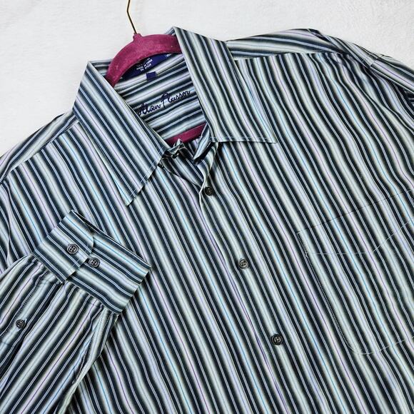 Alan Flusser XL Striped Dress Shirt Button UP Blue Green Cotton Men Professional - Picture 2 of 10